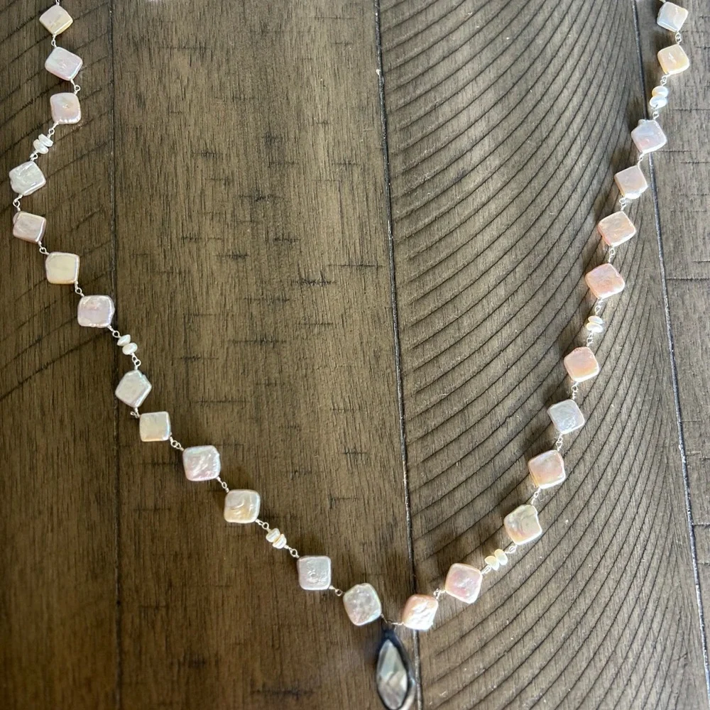 34" NECKLACE PEARL COLOR SQUARE PEARLS;  STERLING SILVER CRYSTAL CHARM; NEW - Picture 6 of 9